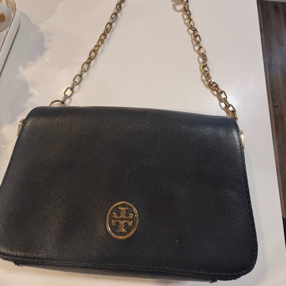 Black Tory Burch Saffiano Leather Crossbody - Goldtone hardware.